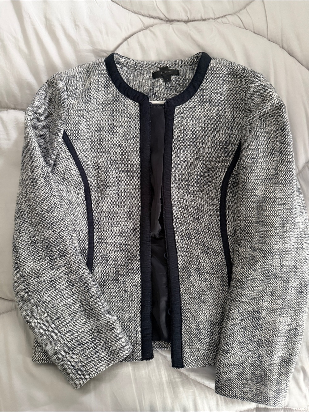 J. Crew Gray Tweed Collarless Blazer with Navy Trim